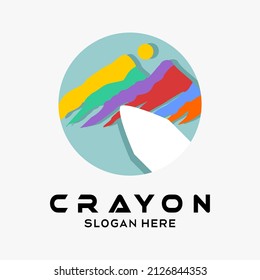 Crayon Logo Design With The Concept Of Doodles In The Form Of A Mountain In A Circle. Premium Vector Logo Illustration