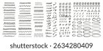 Crayon marks set, pencil drawings. Doodle chalk punctuation, symbols, underlines, strike through, arrows, check marks, dots and ellipses. Hand drawn line symbols. Vector illustration on white bg