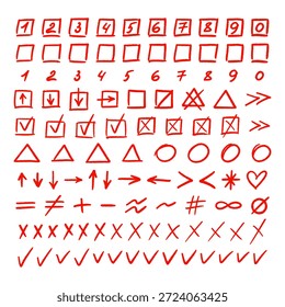 Crayon marks set, pencil drawings. Doodle red chalk punctuation, symbols, arrows, check marks, numbers and ellipses. Hand drawn line symbols. Vector illustration on transparent bg