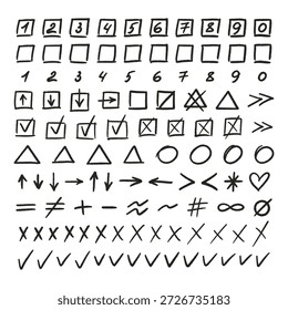Zeichnungszeichen, Bleistiftzeichnungen. Kreide-Interpunktion, Symbole, Pfeile, Häkchen, Zahlen und Ellipsen. Handgezeichnete Liniensymbole Vektorgrafik auf transparentem BG