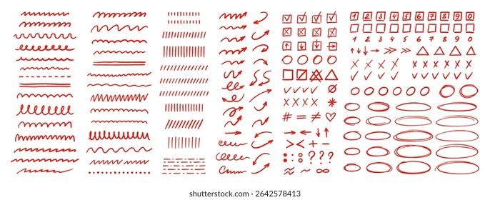 Marcas de giz de cera, desenhos de lápis vermelho. Pontuação de giz de rabiscar, símbolos, sublinhados, tachados, setas, marcas de seleção, pontos e elipses. Símbolos de linha desenhados à mão. Ilustração vetorial em branco bg