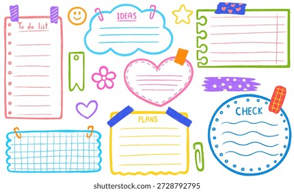 Crayon memorando nota papel folha bonito planejador conjunto de folhas. Quadro de nota de papel do notebook para a página de lista de tarefas, para fazer a folha de adesivo da lista no estilo de esboço de lápis. Lista de tarefas desenhada à mão vetor com grunge texturizado