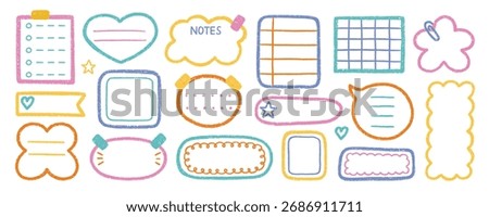 Crayon memo text boxes and doodle frames set. Pencil stickers for planners, note frames in sketch style. Grunge textured hand drawn illustrations isolated on white background.