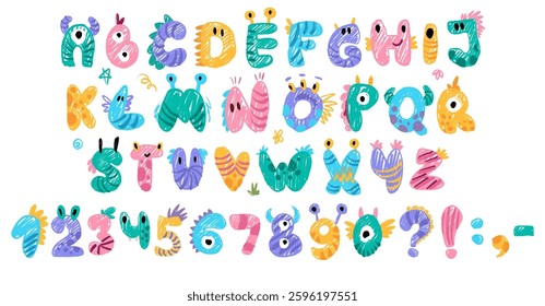 Crayon Monster kids font, doodle funny playful alphabet, hand drawn letters and numbers. School wax crayon abc for educational banners in kindergarten. Vector children illustration with cute monsters
