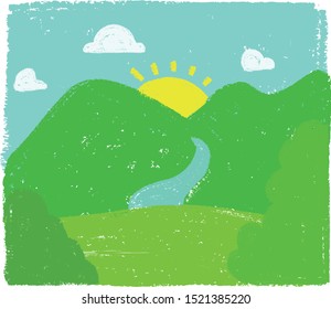 crayon mountain river landscape kids drawing  sunset simple children illustration sunshine clouds clear day