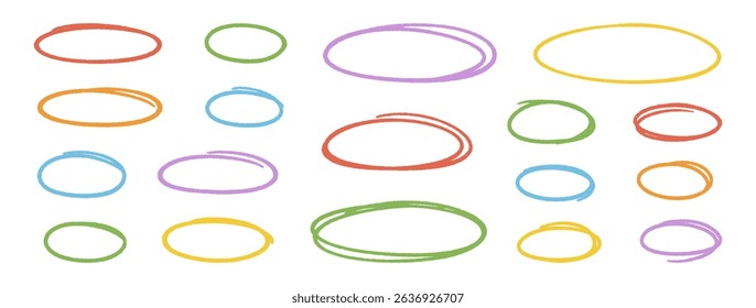 Crayon multicolored outline ovals or ellipses set. Pencil hand drawn emphasis elements, freehand line art frames. Doodle style chalk sketches, round shapes on white background. Vector illustration
