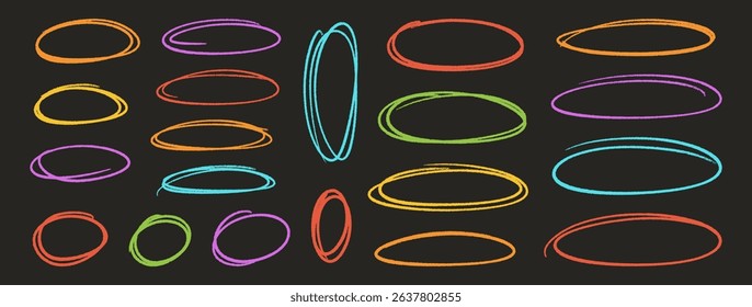 Crayon multicolored outline ovals or ellipses set. Pencil hand drawn emphasis elements, freehand line art frames. Doodle style chalk sketches, round shapes on black background. Vector illustration