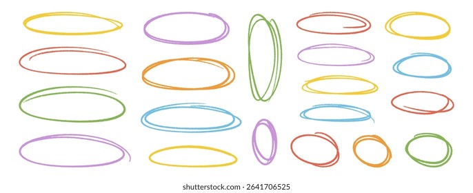 Crayon multicolored outline ovals or ellipses set. Pencil hand drawn emphasis elements, freehand line art frames. Doodle style chalk sketches, round shapes on white background. Vector illustration