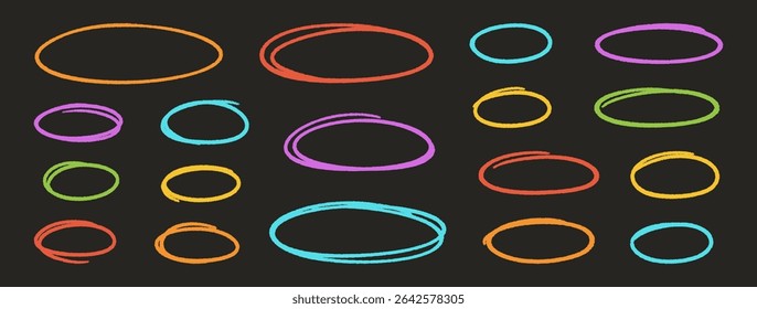 Crayon multicolored outline ovals or ellipses set. Pencil hand drawn emphasis elements, freehand line art frames. Doodle style chalk sketches, round shapes on black background. Vector illustration