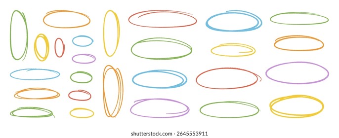 Crayon multicolored outline ovals or ellipses set. Pencil hand drawn emphasis elements, freehand line art frames. Doodle style chalk sketches, round shapes on white background. Vector illustration