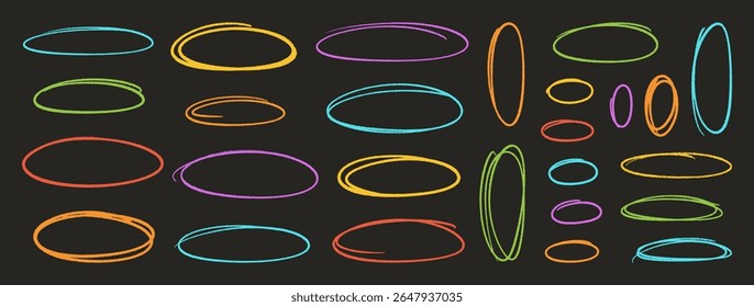 Crayon multicolored outline ovals or ellipses set. Pencil hand drawn emphasis elements, freehand line art frames. Doodle style chalk sketches, round shapes on black background. Vector illustration