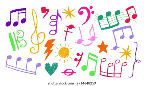 Crayon coleção de notas de música com mão desenhada doodle elementos em pinceladas coloridas. Símbolos de vetor de estilo de giz - clipes agudos e pautas, corações, estrelas e marcas musicais decorativas em branco.