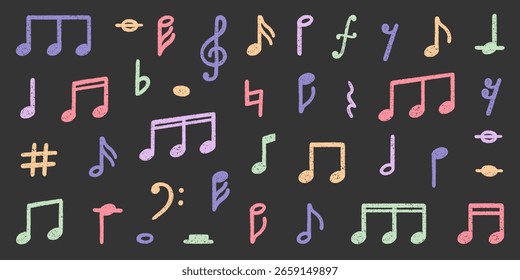 Conjunto de doodle de notas musicales de crayón. Elementos de lápiz de tiza punk rock en estilo sketch. Textura grunge. Ilustración vectorial dibujada a mano aislada sobre fondo negro.