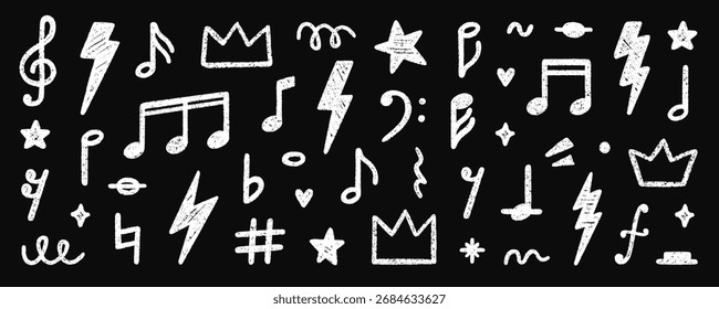 Crayon notas musicais doodle set. Elementos de lápis de giz Punk rock em estilo de esboço. Textura grunge. Ilustração vetorial desenhada à mão isolada no plano de fundo preto.