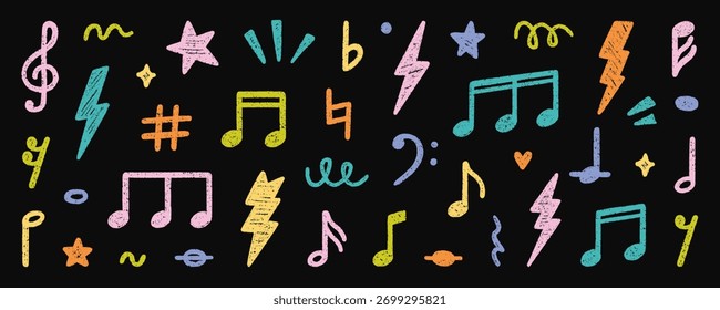 Crayon musical notes doodle set. Punk rock chalk pencil elements in sketch style. Grunge texture. Hand drawn vector illustration isolated on black background.
