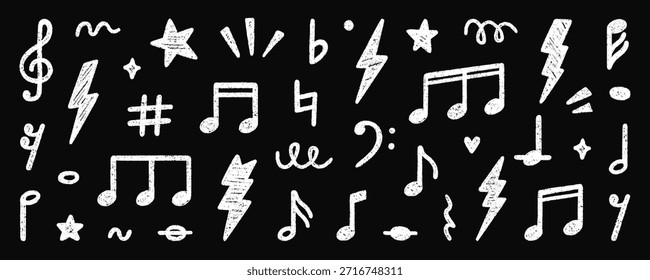 Conjunto de doodle de notas musicales de crayón. Elementos de lápiz de tiza punk rock en estilo sketch. Textura grunge. Ilustración vectorial dibujada a mano aislada sobre fondo negro.