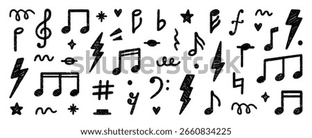 Crayon musical notes doodle set. Punk rock chalk pencil elements in sketch style. Grunge texture. Hand drawn vector illustration isolated on white background.