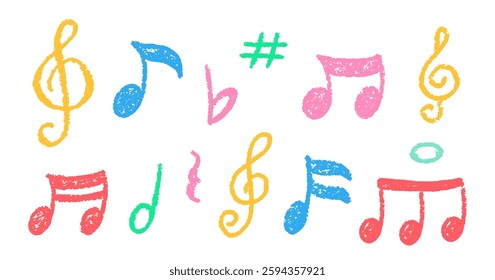 Crayon Musical Notes Vector Set. Chalk Scribble Music Symbol Shapes Collection. Pastel Colors Hand Drawn Brush Texture Treble Clefs. Pencil Emphasis Elements Charcoal Doodle Audio Icons Bundle