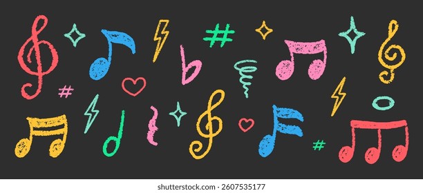 Crayon Musical Notes Vector Set. Chalk Scribble Music Symbol Shapes Collection. Pastel Colors Hand Drawn Brush Texture Treble Clefs. Pencil Emphasis Elements Charcoal Doodle Audio Icons Bundle