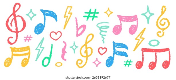 Consultado Em 14 De dezembro De 2013 "Crayon Musical Notes Vetor Set" . Coleção de Formas de Símbolo de Música de Rabisco de Giz. Pastel cores mão desenhado escova textura treble Clefs. Lápis Elementos de Ênfase Carvão Doodle Áudio Ícones Pacote