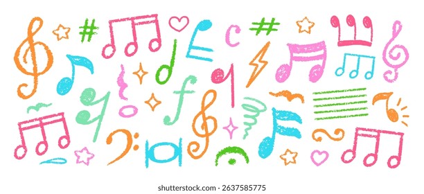 Crayon Musical Notes Vector Set. Chalk Scribble Music Symbol Shapes Collection. Pastel Colors Hand Drawn Brush Texture Treble Clefs. Pencil Emphasis Elements Charcoal Doodle Audio Icons Bundle