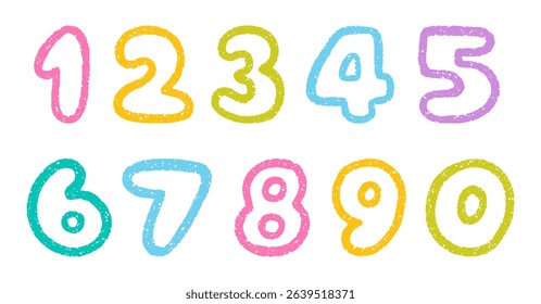 Crayon number doodle set. Chalk pencil font with kid signs in sketch style. Hand drawn vector illustration isolated on white background.