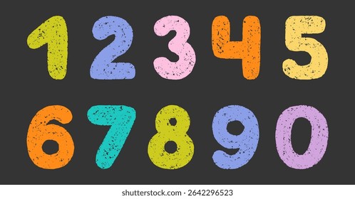 Crayon number doodle set. Chalk pencil font with kid signs in sketch style. Hand drawn vector illustration isolated on black background.