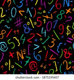 Crayon number pattern. Hand drawn wax crayons art on black background. Isolated chalk style  numbers and signs print. Children drawing style color number print. Bright colorful crayon symbols.