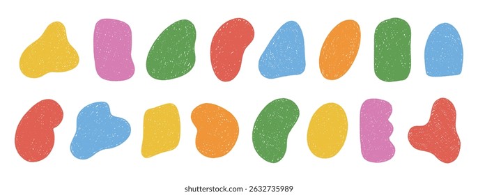 Crayon organic shapes set. Hand drawn flowing abstract geometric forms, charcoal drawings. Colored grunge elements on white background. Vector illustration