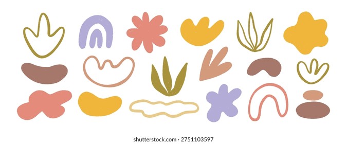Crayon organic shapes set. Hand drawn colorful flowers, wave organic figures, rainbow forms. Vector illustrations on transparent background, elements for creative graphic projects and designs.