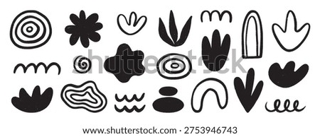 Crayon organic shapes set. Hand drawn black flowers, plants, wave organic figures, and circles. Vector illustrations on transparent background, elements for creative graphic projects and designs.
