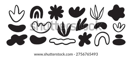 Crayon organic shapes set. Hand drawn black flowers, wave organic figures, rainbow forms. Vector illustrations on transparent background, elements for creative graphic projects and designs.