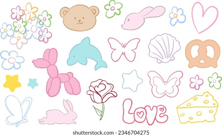 Crayon outline of flowers, teddy bear, bunny rabbit, butterfly, pretzel, sea shell, dolphin, stars, heart, rose, cheese for cute sticker elements, decoration, tattoo, logo, icon, print, post, banner