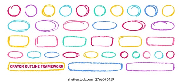 Crayon outline ovals, circles, ellipses colorful frame set. Pencil hand drawn emphasis elements freehand line art frames. Doodle style chalk sketches rough thin borders, round shapes highlights vector