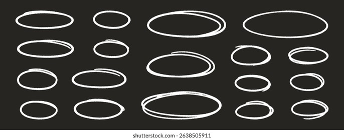 Crayon outline ovals or ellipses set. Pencil hand drawn emphasis elements, freehand line art white frames. Doodle style chalk sketches, round shapes on black background. Vector illustration