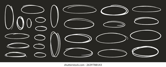 Crayon outline ovals or ellipses set. Pencil hand drawn emphasis elements, freehand line art white frames. Doodle style chalk sketches, round shapes on black background. Vector illustration