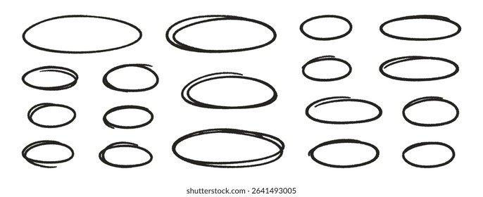 Crayon outline ovals or ellipses set. Pencil hand drawn emphasis elements, freehand line art black frames. Doodle style chalk sketches, round shapes on white background. Vector illustration