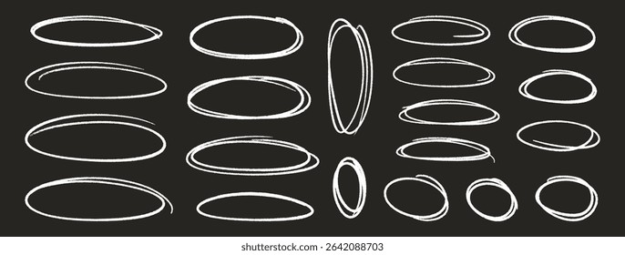 Crayon outline ovals or ellipses set. Pencil hand drawn emphasis elements, freehand line art white frames. Doodle style chalk sketches, round shapes on black background. Vector illustration