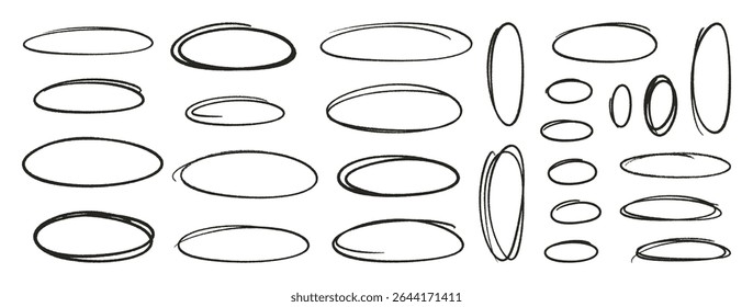 Crayon outline ovals or ellipses set. Pencil hand drawn emphasis elements, freehand line art black frames. Doodle style chalk sketches, round shapes on white background. Vector illustration