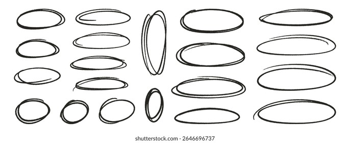 Crayon outline ovals or ellipses set. Pencil hand drawn emphasis elements, freehand line art black frames. Doodle style chalk sketches, round shapes on white background. Vector illustration