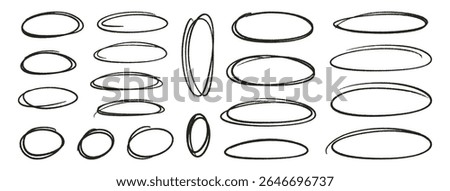 Crayon outline ovals or ellipses set. Pencil hand drawn emphasis elements, freehand line art black frames. Doodle style chalk sketches, round shapes on white background. Vector illustration