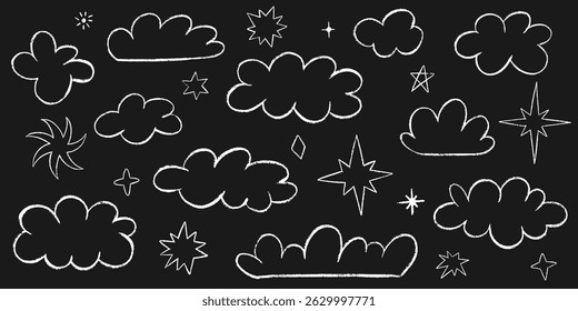 Crayon outlined kids clouds and stars set. Hand drawn various cloud shapes. Childish doodle girly naive icons pastel texture. Naive style childish vector elements isolated on white background