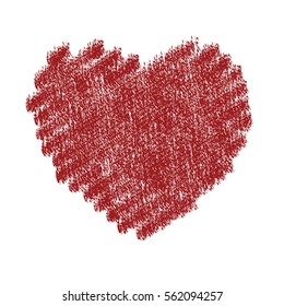 Crayon painted valentine heart texture. Isolated Hand drawn red love symbol. Grunge holiday romantic sign. Stroke shaded shape. Icon, badge, label background. High detailed quality. EPS10 vector.