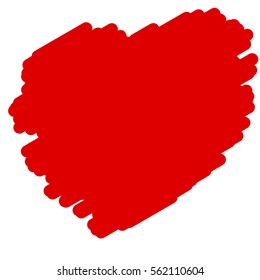 Crayon painted valentine heart texture. Isolated Hand drawn red love symbol. Grunge holiday romantic sign. Stroke shaded shape. Icon, badge, label background. High detailed quality. EPS10 vector.