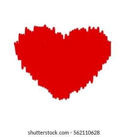Crayon painted valentine heart texture. Isolated Hand drawn red love symbol. Grunge holiday romantic sign. Stroke shaded shape. Icon, badge, label background. High detailed quality. EPS10 vector.