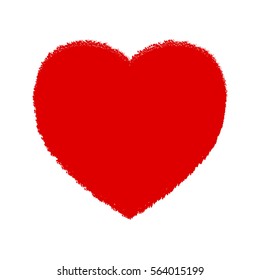 Crayon painted valentine heart texture. Isolated Hand drawn red love symbol. Grunge holiday romantic sign. Stroke shaded shape. Icon, badge, label background. High detailed quality. EPS10 vector.
