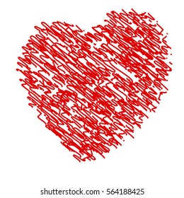 Crayon painted valentine heart texture. Isolated Hand drawn red love symbol. Grunge holiday romantic sign. Stroke shaded shape. Icon, badge, label background. High detailed quality. EPS10 vector.