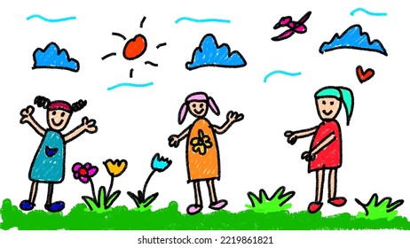 Crayon painting Three girls playing in lawn and flowers  sun  clouds   birds  Children's drawing 