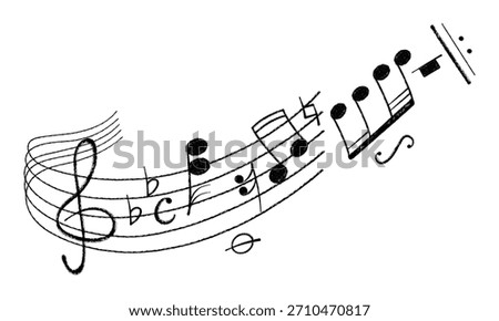 Crayon pastel or chalk music note signs doodle hand drawn symbol shapes set. Chalkboard textured musical symbols treble, bass clefs, pauses doodle collection.