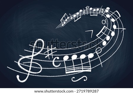 Crayon pastel or chalk music note signs doodle hand drawn symbol shapes set. Chalkboard textured musical symbols treble, bass clefs, pauses doodle collection.